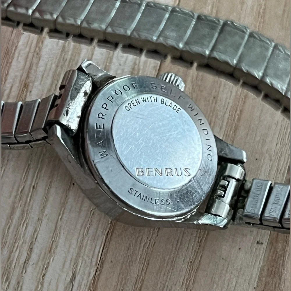 Benrus 3 Stars Ladies Watch Rare Vintage Self-Winding Silver Dial Stretch Band